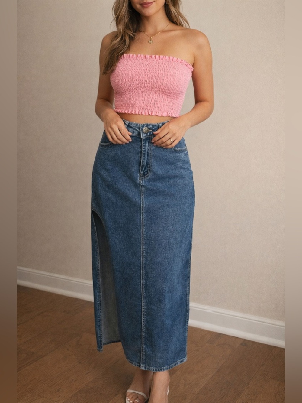 NWT VIP Jeans SZ L blue denim 5-pocket sculpting stretch maxi skirt waist 30”-34